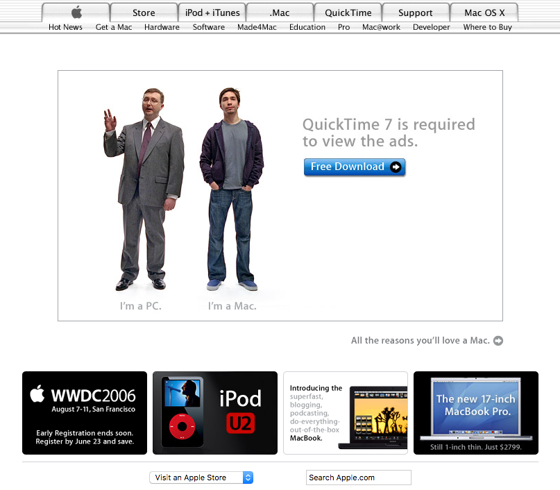 Homepage with "I'm a Mac, I'm a PC" quicktime ad (2006)